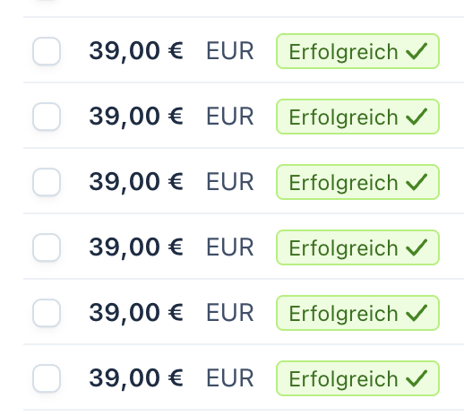 Zahlungsliste mit erfolgreichen 39-€-Verkäufen